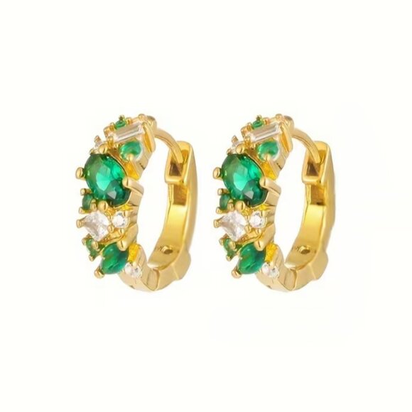 14K Gold Womens 2ct Green Emerald Gemstone 1ct Diamond Small Hoop Earrings NEW